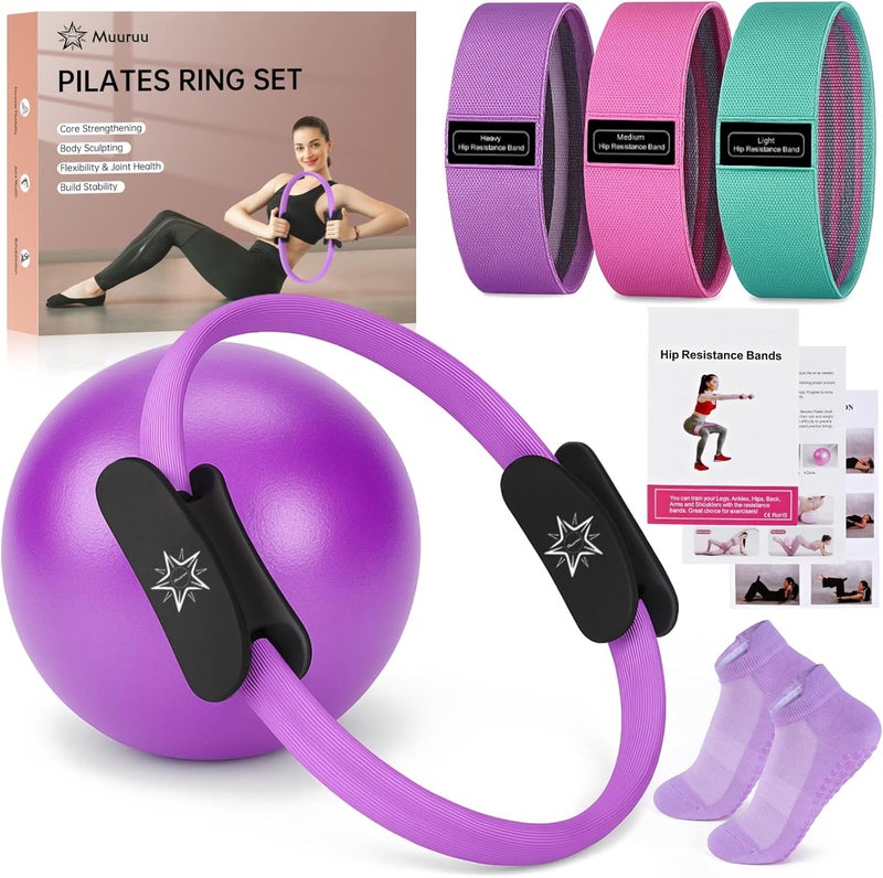 Muuruu Pilates Essentials Kit for Home Women, Ring and Ball Set, Pilates Equipment for Workouts, 3 Resistance Bands, Grip Socks, 14 Inch Magic Circle, Mini Exercise Ball, Great Exercise Equipment - Image 1